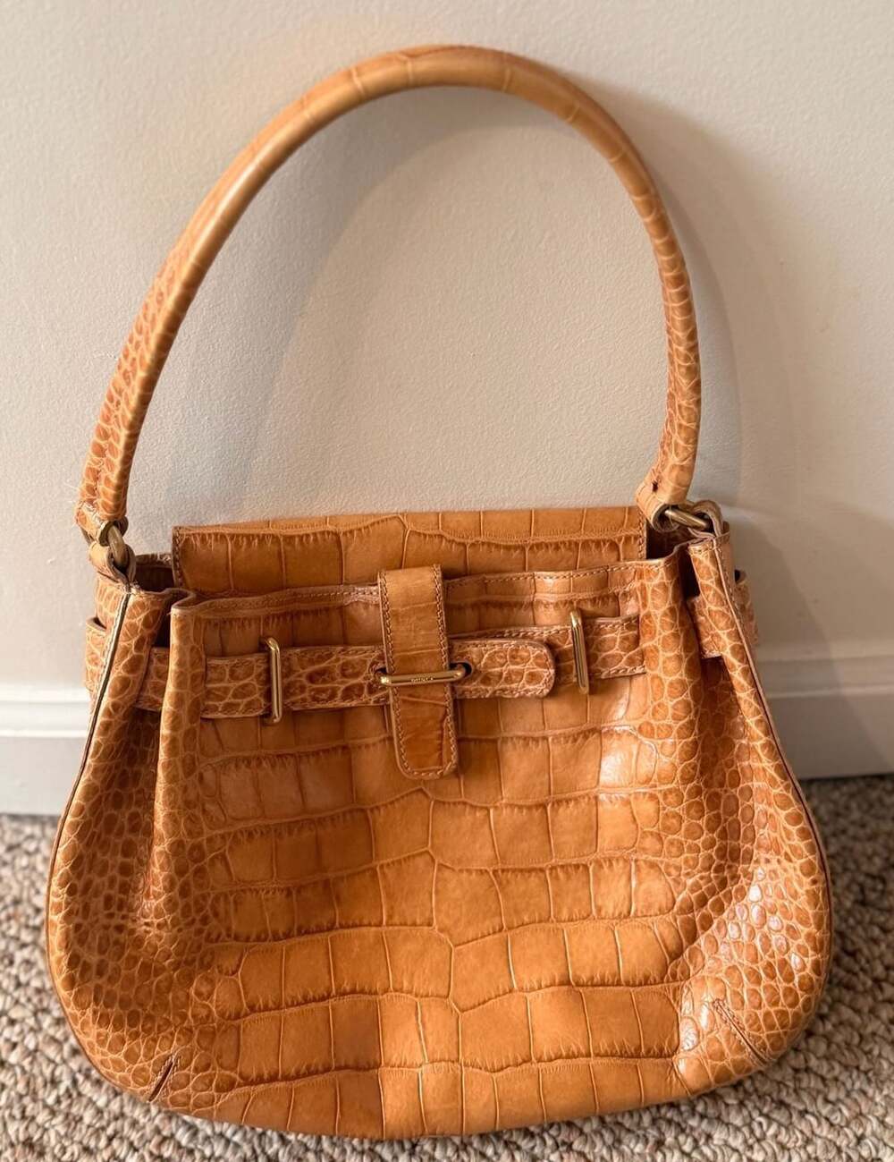 Furla Crocodile Embossed Leather Shoulder Bag Tan